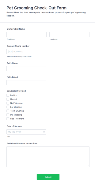 Pet Grooming Check Out Form Form Template