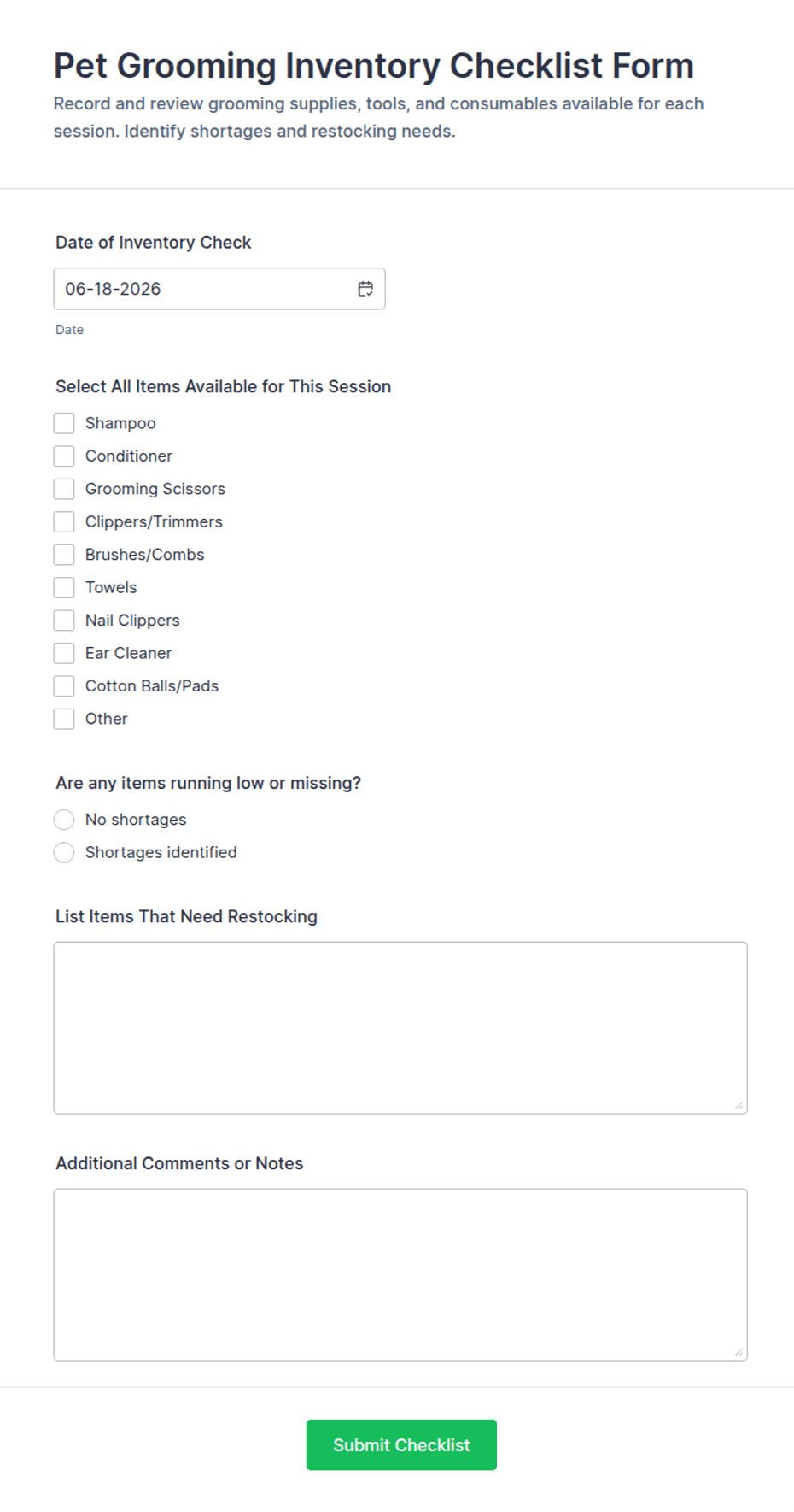 Pet Grooming Inventory Checklist Form Template | Jotform