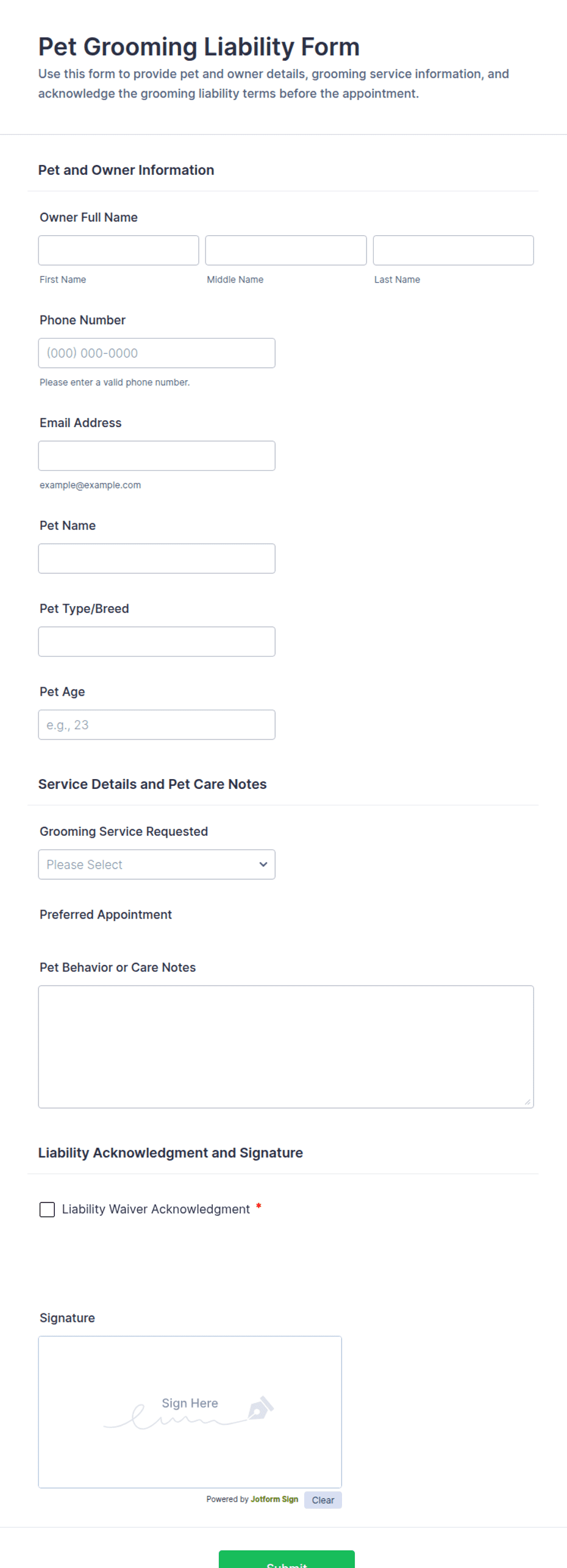 Pet Grooming Liability Form Template | Jotform