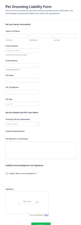 Pet Grooming Liability Form Template