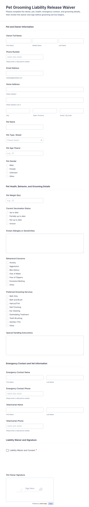 Pet Grooming Liability Release Waiver Form Template