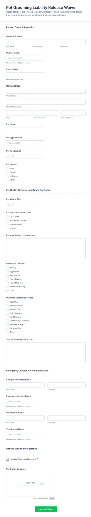 Pet Grooming Liability Release Waiver Form Template