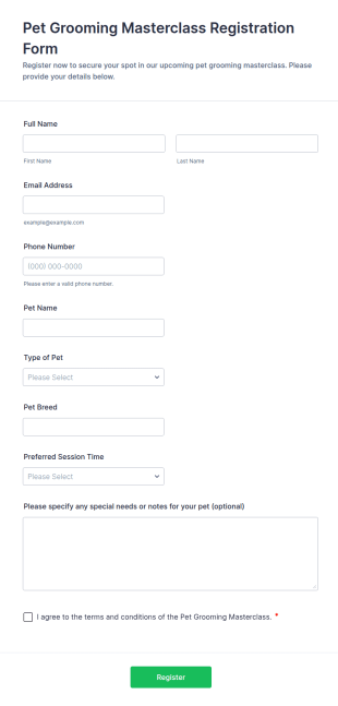 Pet Grooming Masterclass Registration Form Template