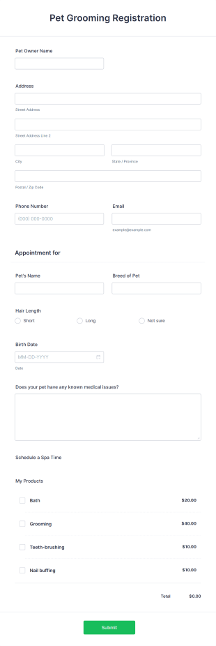Pet Grooming Registration Form Template