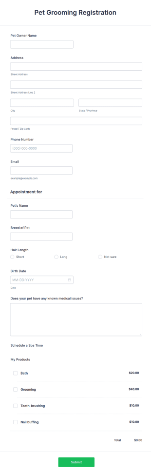 Pet Grooming Registration Form Template