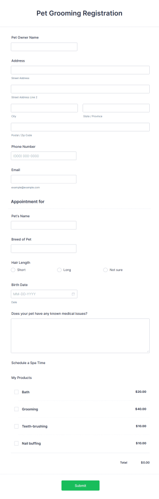 Pet Grooming Registration Form Template