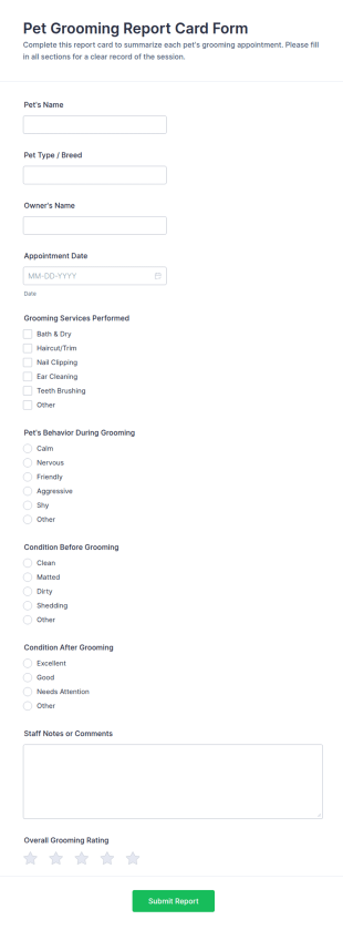 Pet Grooming Report Card Form Template