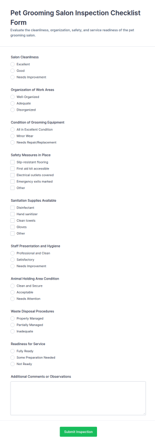 Pet Grooming Salon Inspection Checklist Form Template