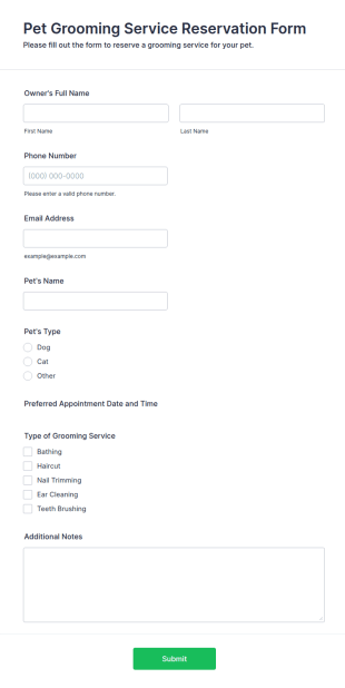 Pet Grooming Service Reservation Form Template