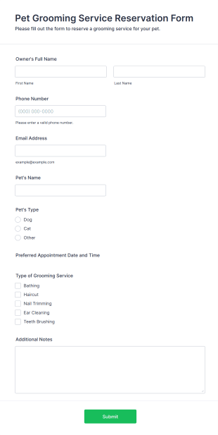 Pet Grooming Service Reservation Form Template