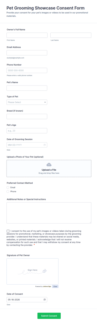 Pet Grooming Showcase Consent Form Template