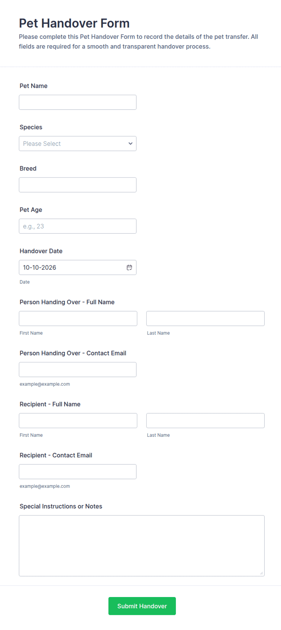 Pet Handover Form Template | Jotform