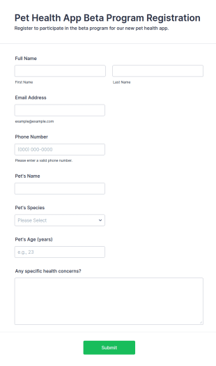 Pet Health App Beta Program Registration Form Template
