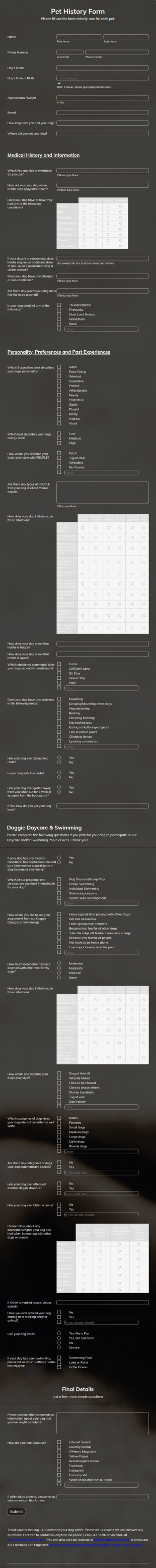 Pet History Form Template