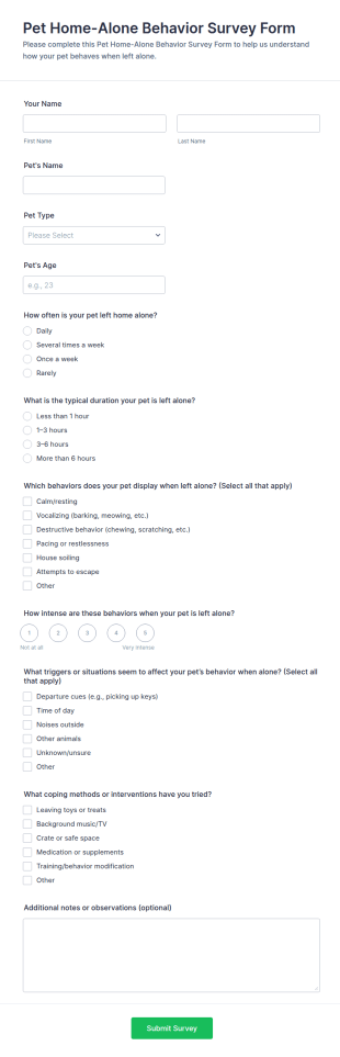 Pet Home Alone Behavior Survey Form Template