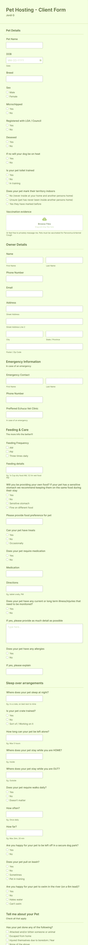 Pet Hosting Form Template