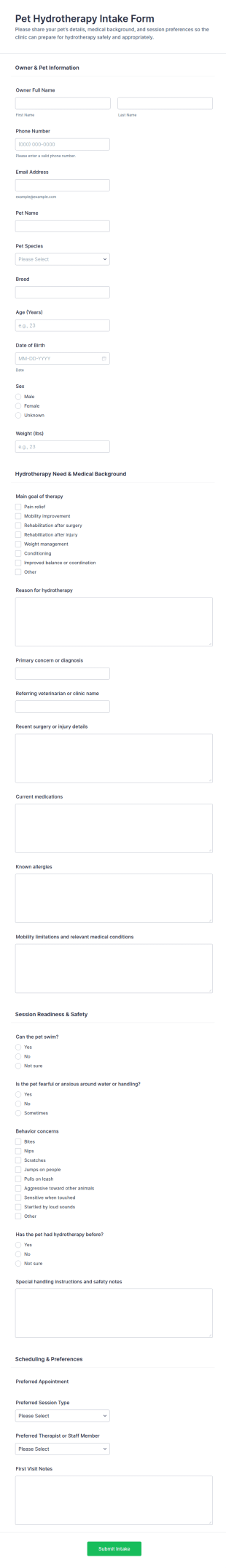 Pet Hydrotherapy Intake Form Template