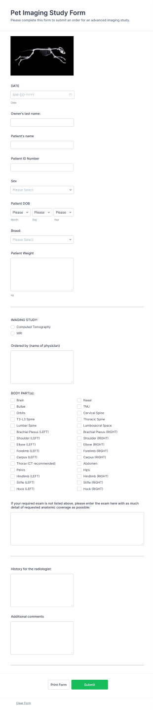 Pet Imaging Study Form Template
