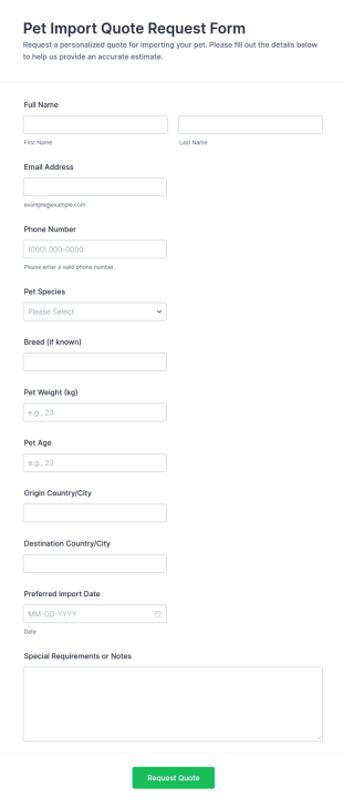 Pet Import Quote Request Form Template