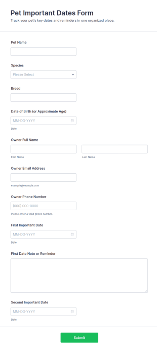 Pet Important Dates Form Template