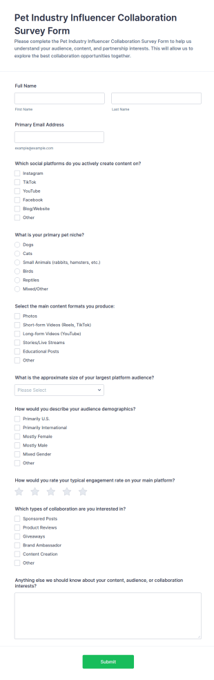 Pet Industry Influencer Collaboration Survey Form Template