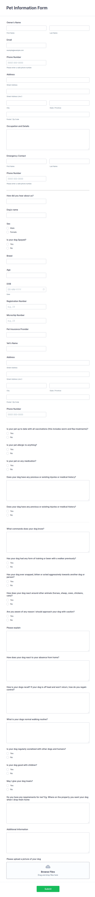 Pet Information Form Template