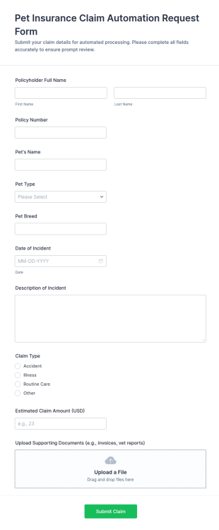 Pet Insurance Claim Automation Request Form Template