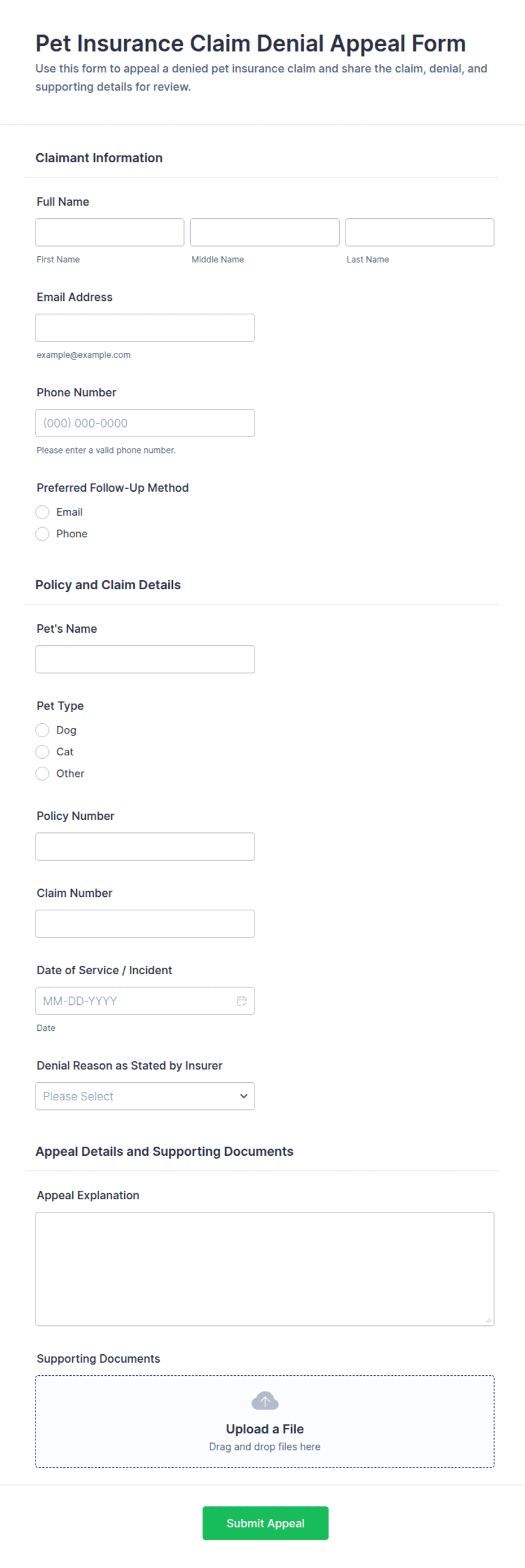 Pet Insurance Claim Denial Appeal Form Template | Jotform