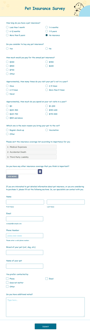 Pet Insurance Survey Form Template