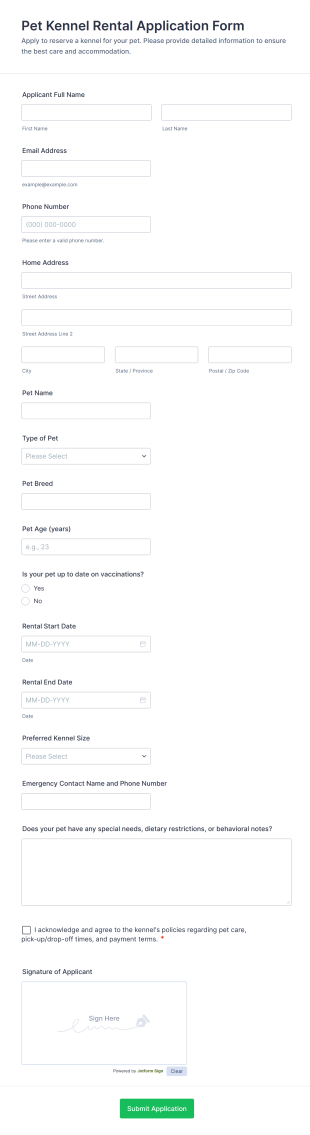 Pet Kennel Rental Application Form Template