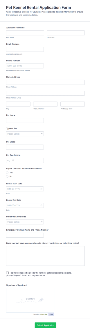 Pet Kennel Rental Application Form Template