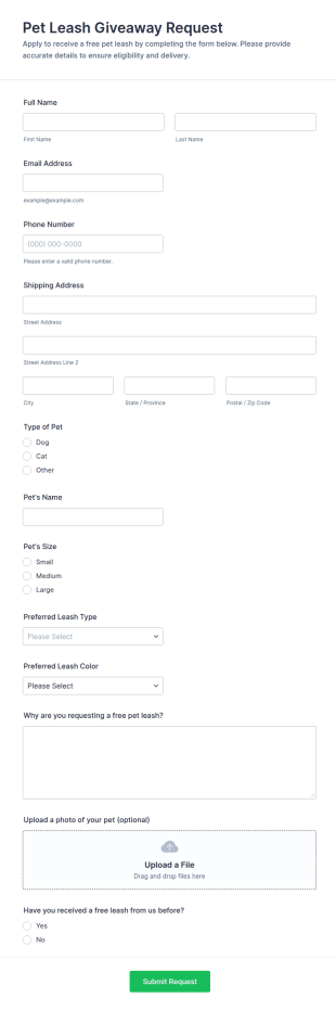 Pet Leash Giveaway Request Form Template