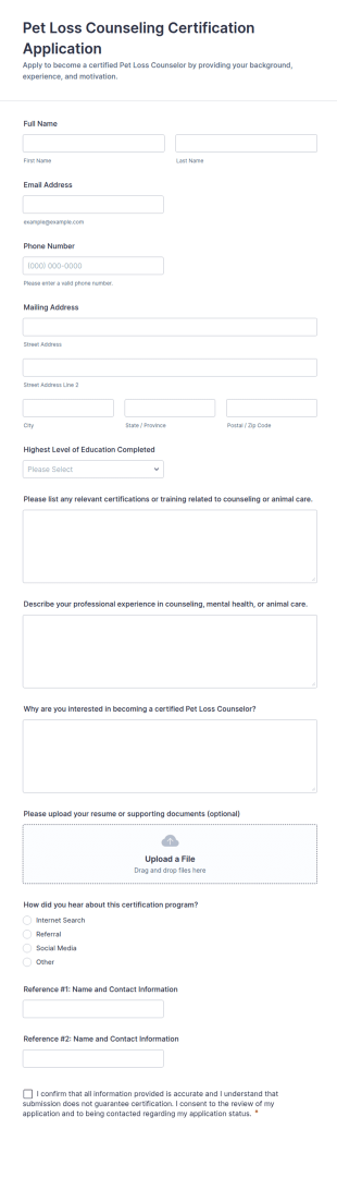 Pet Loss Counseling Certification Application Form Template