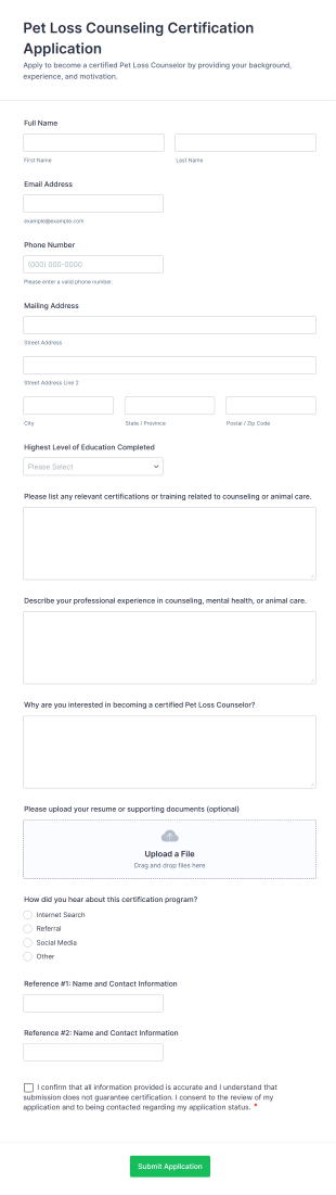 Pet Loss Counseling Certification Application Form Template
