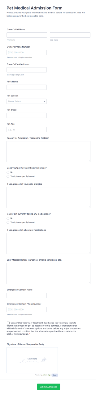 Pet Medical Admission Form Template