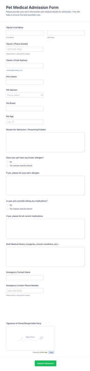 Pet Medical Admission Form Template
