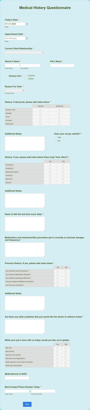 Pet Medical History Questionnaire Form Template