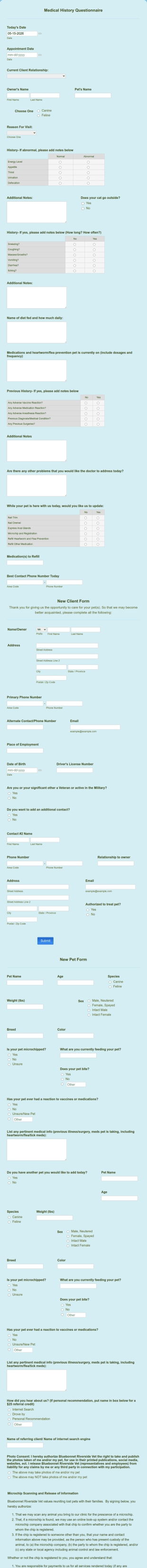 Pet Medical History Questionnaire Form Template