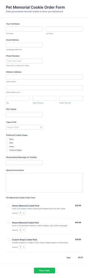 Pet Memorial Cookie Order Form Template
