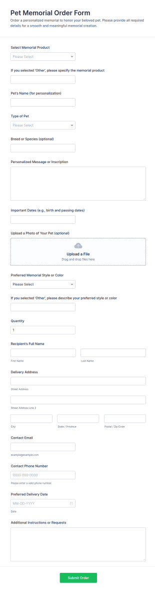 Pet Memorial Order Form Template