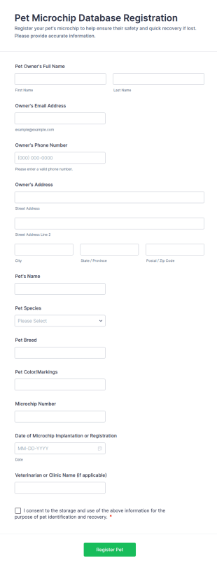 Pet Microchip Database Registration Form Template