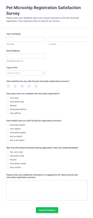 Pet Microchip Registration Satisfaction Survey Form Template