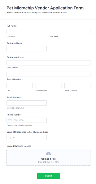 Pet Microchip Vendor Application Form Form Template