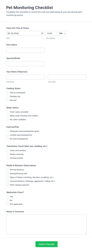 Pet Monitoring Checklist Form Template