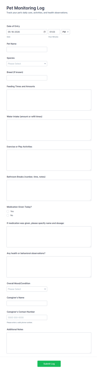 Pet Monitoring Log Form Template