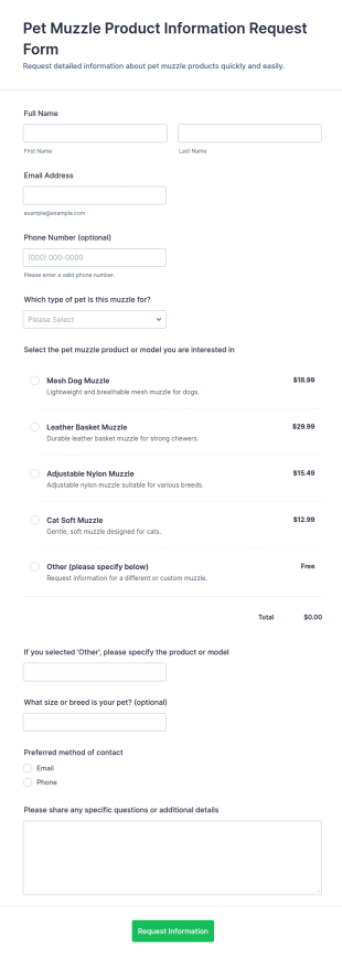Pet Muzzle Product Information Request Form Template