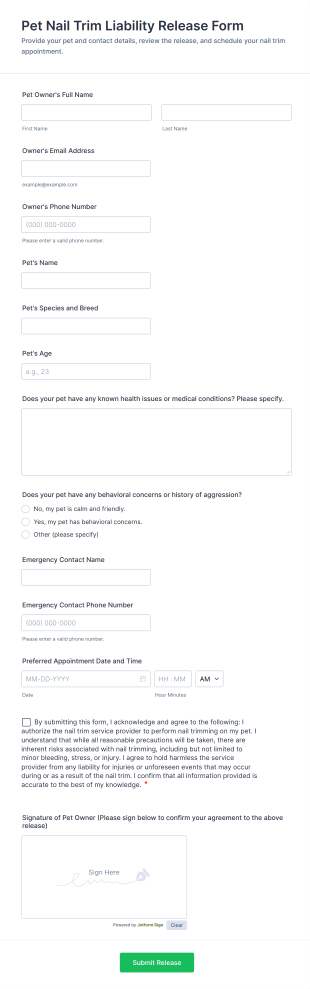 Pet Nail Trim Liability Release Form Template