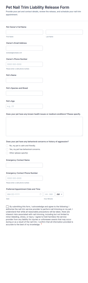 Pet Nail Trim Liability Release Form Template