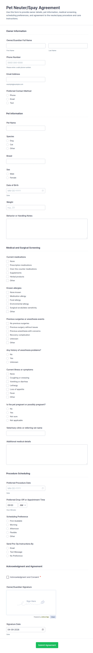 Pet Neuter/Spay Agreement Form Template