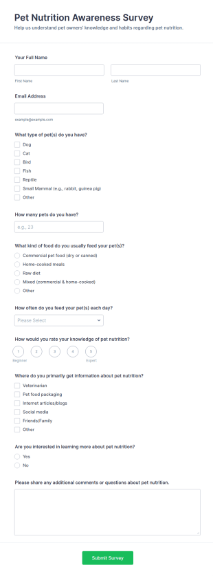 Pet Nutrition Awareness Survey Form Template